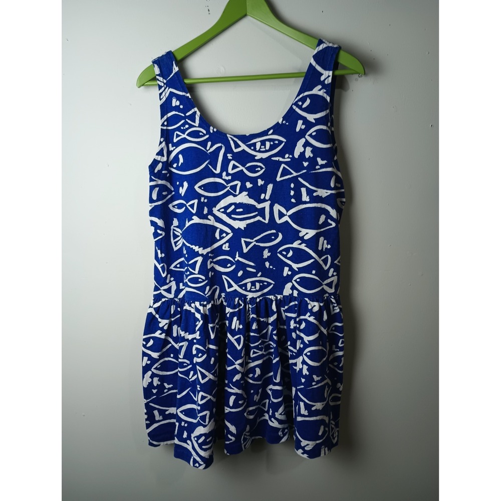 Vintage Somerset Blue Fish Print Cotton Tank Dress Made in USA Womens Large